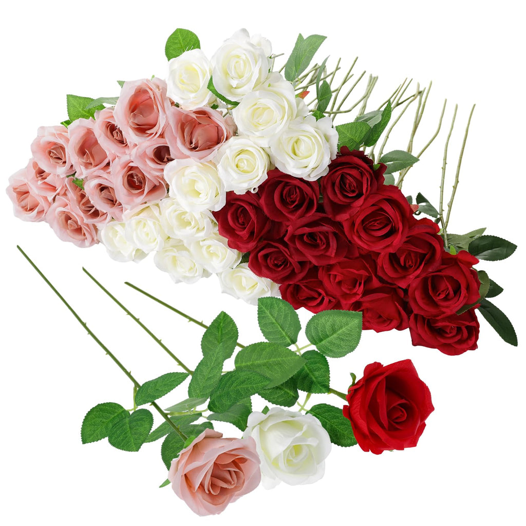 Hoemwarm 36 Pcs Red White Pink Artificial Roses with Long Stems, Fake Silk Rose Artificial Flowers Bulk for Bridal Wedding Bouqu