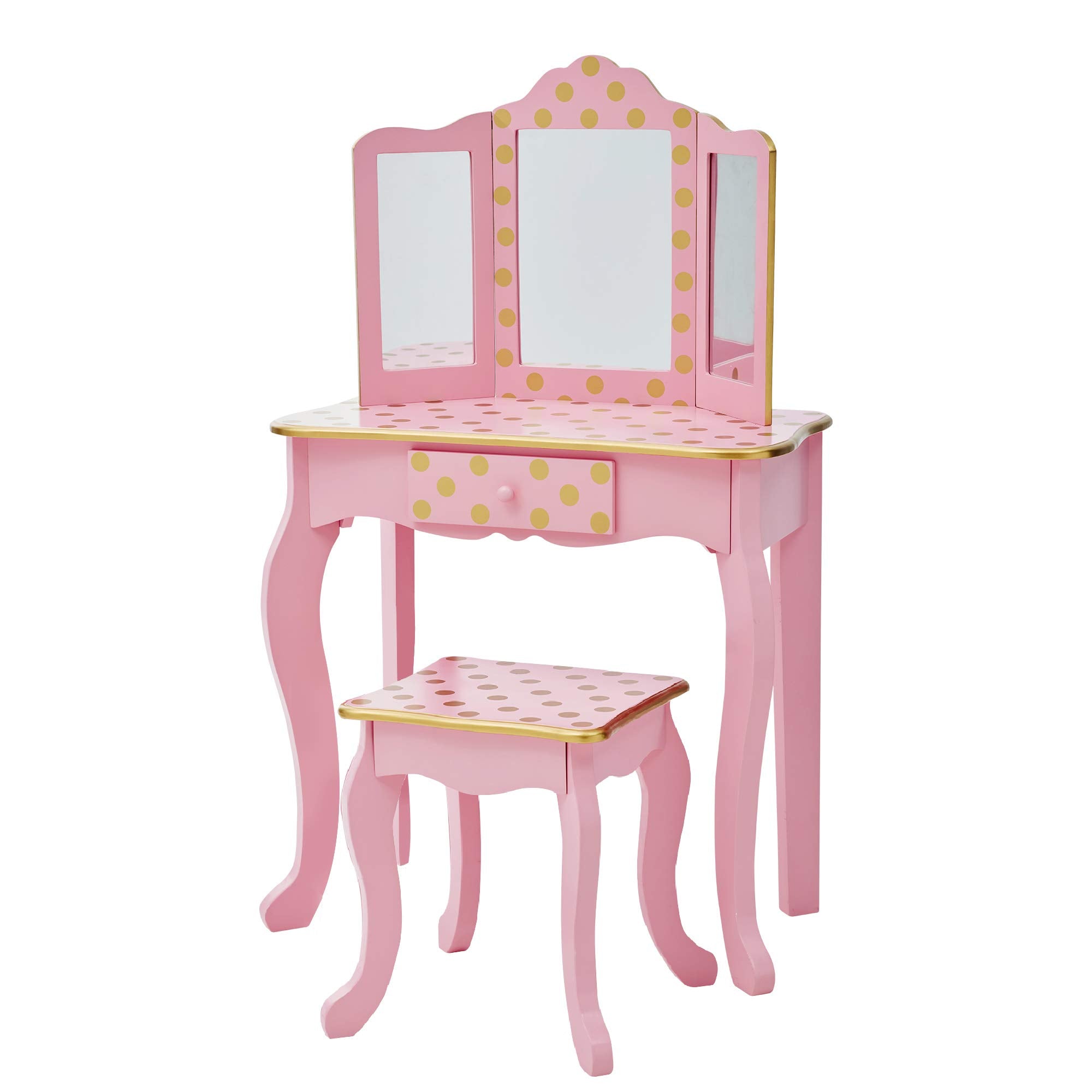 Teamson Kids Pretend Play Kids Vanity, Table & Chair Vanity Set with Mirror, Girls Makeup Dressing Table with Storage Drawer & P