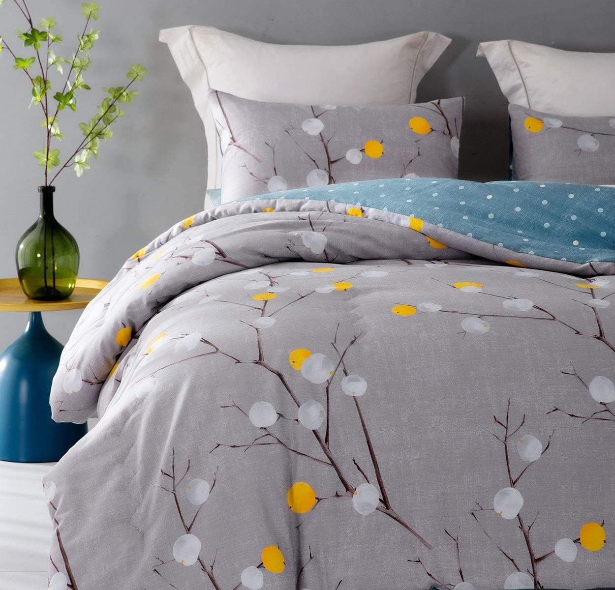 Sleepbella Comforter Twin Size, 600 Thread Count Cotton Grey Branch With Yellow Turquoise Polka Dot Pattern Green Reversible Com