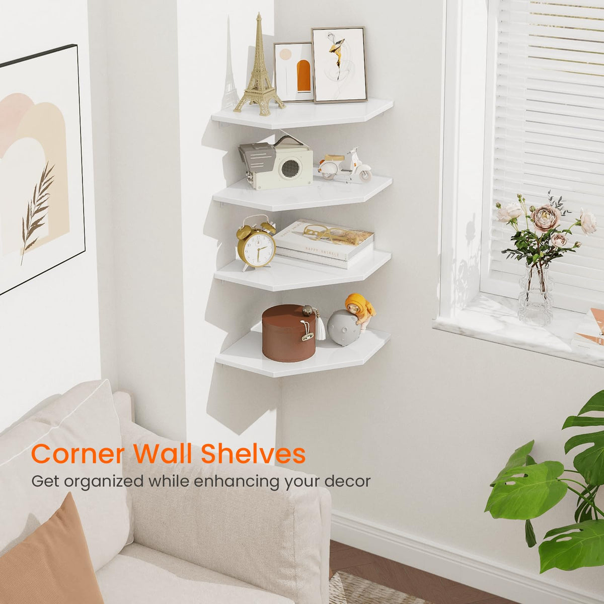 Homode Corner Wall Shelf, Corner Shelf Floating, Set Of 4 Wooden Hanging Corner Shelves With Wire Hole For Bathroom Living Room Office, White