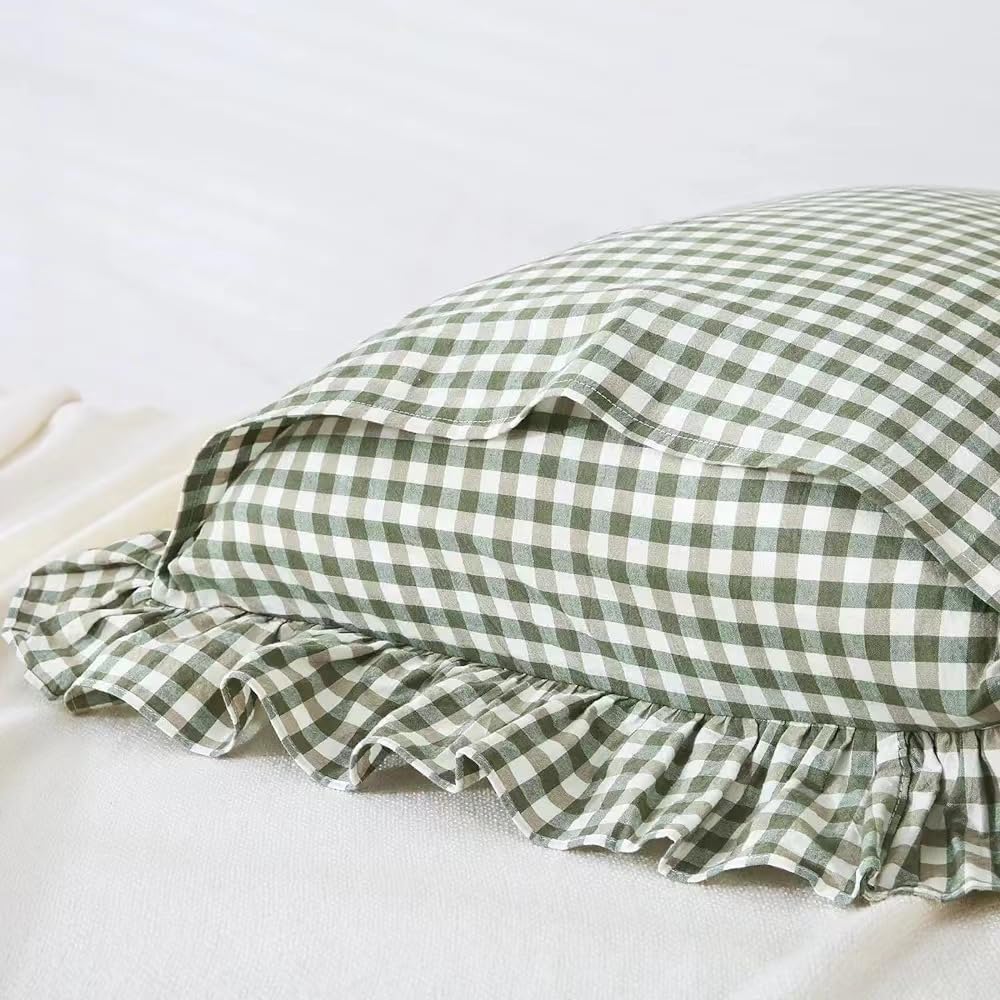 Mywinlle Sage Green Plaid Ruffle Euro Pillow Shams 26''X26'',2 Pack Vintage Checkered Washed Cotton Pillow Cases For Bed, Sofa,