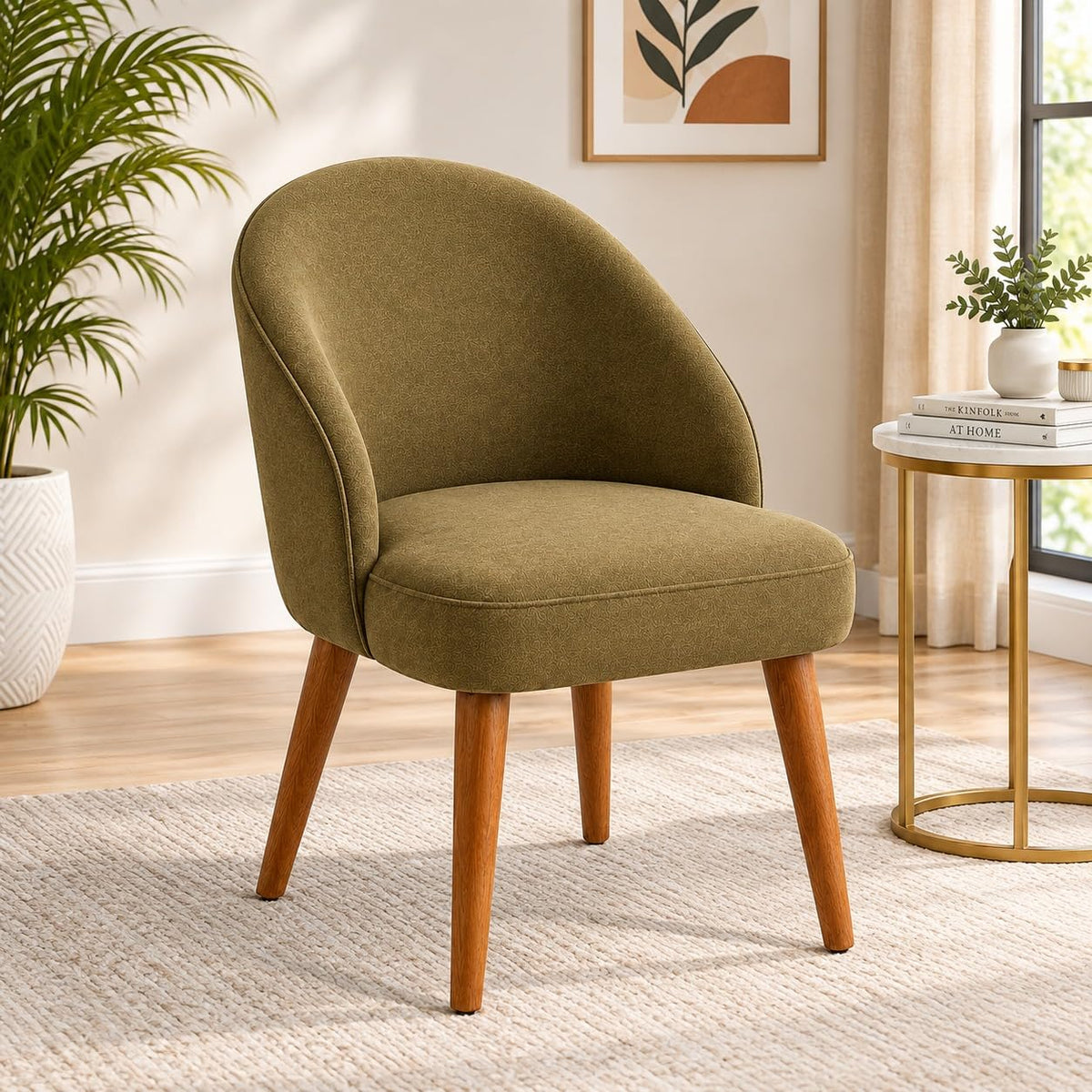 A Lyte Furniture Bookley Fabric Dining Chair, Mustard Yellow Upholstered Cushioned Chair With Sheesham Wood Legs & Curved Back F