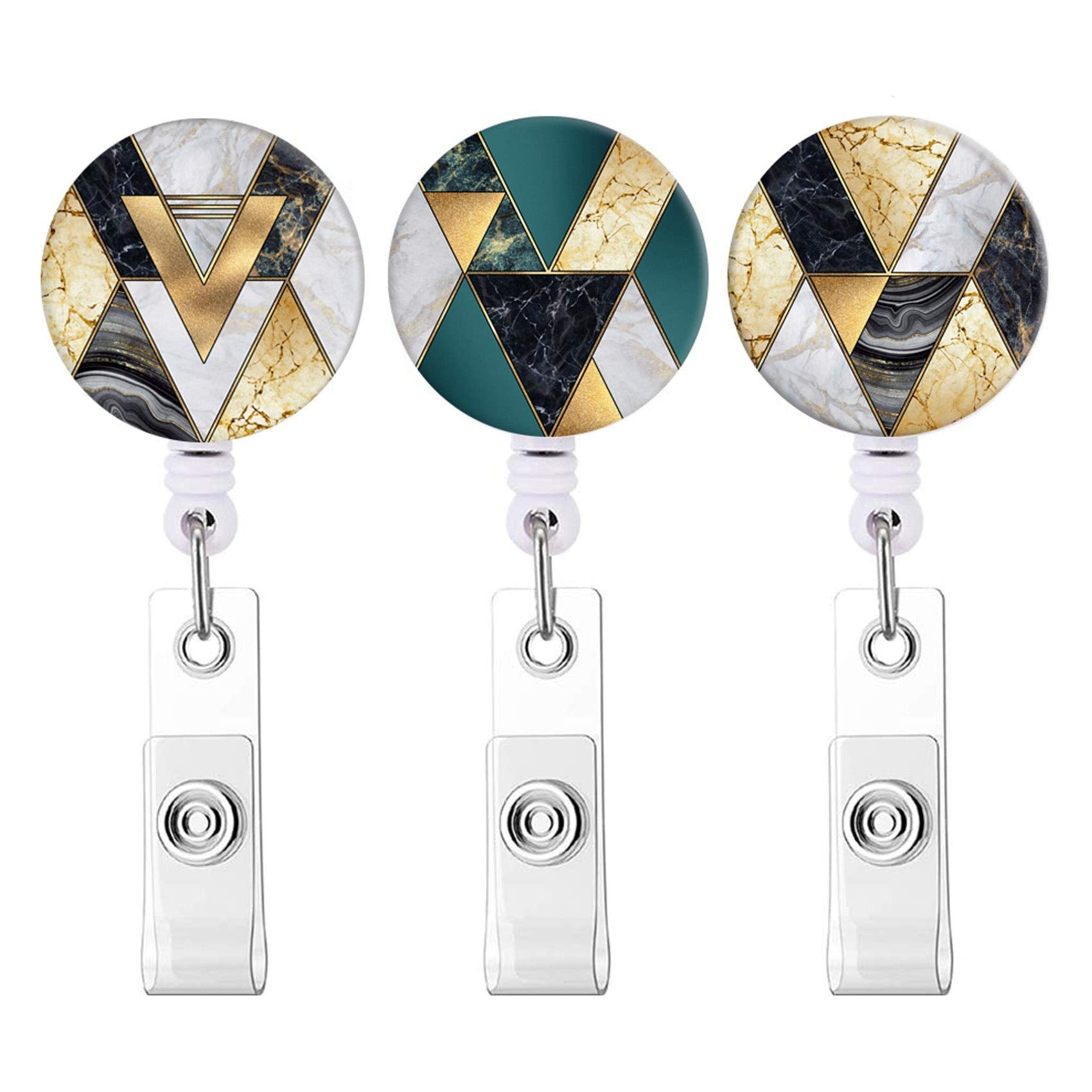 Retractable Badge Holders, Cute Nursing Badge Reel, Badge Clip Id Card Holders (3Pack Golden Marble)