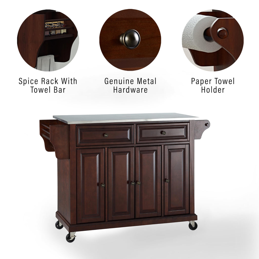 Crosley Furniture Full Size Stainless Steel Rolling Kitchen Island Storage Cart, Microwave Stand, Spice Rack, Mahogany