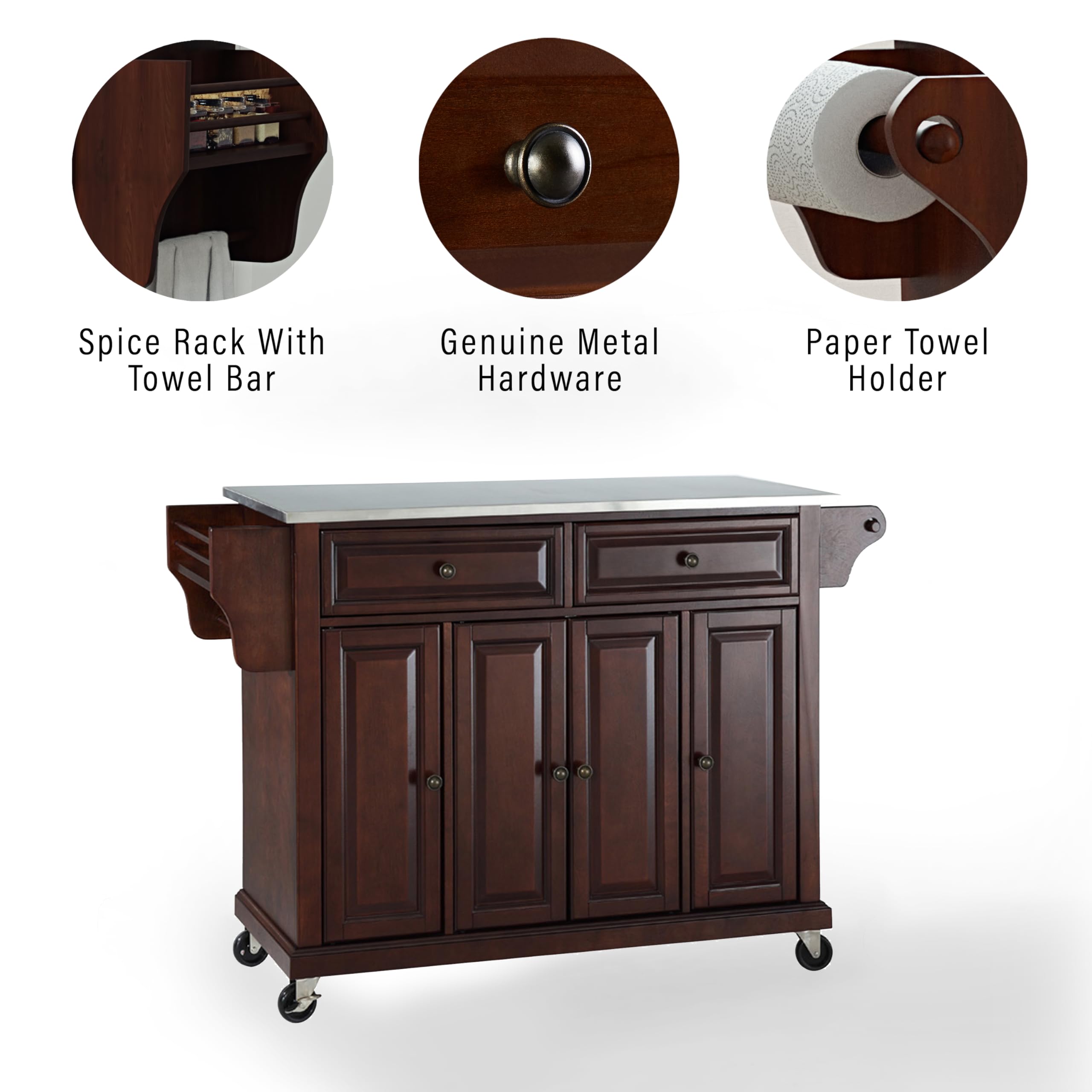 Crosley Furniture Full Size Stainless Steel Rolling Kitchen Island Storage Cart, Microwave Stand, Spice Rack, Mahogany
