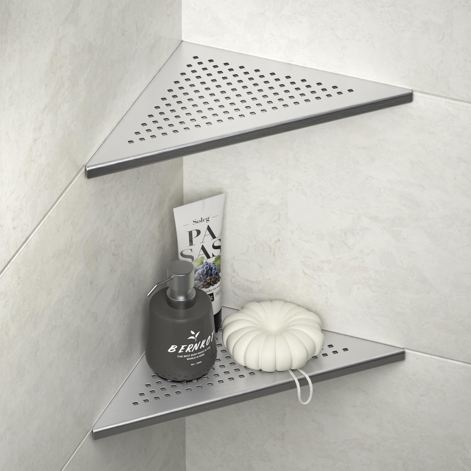 Bernkot Corner Shower Shelf 2 Pack, 304 Stainless Steel Grout in Shelves for Bathroom, 10 Recessed Shelf Rack for Tiled Wall(1