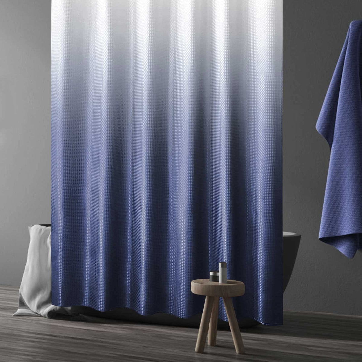 Gibelle Waffle Weave Ombre Fabric Shower Curtain Navy Blue Bathroom Decor Accessories Set With Hooks, Water Repellent And Machin