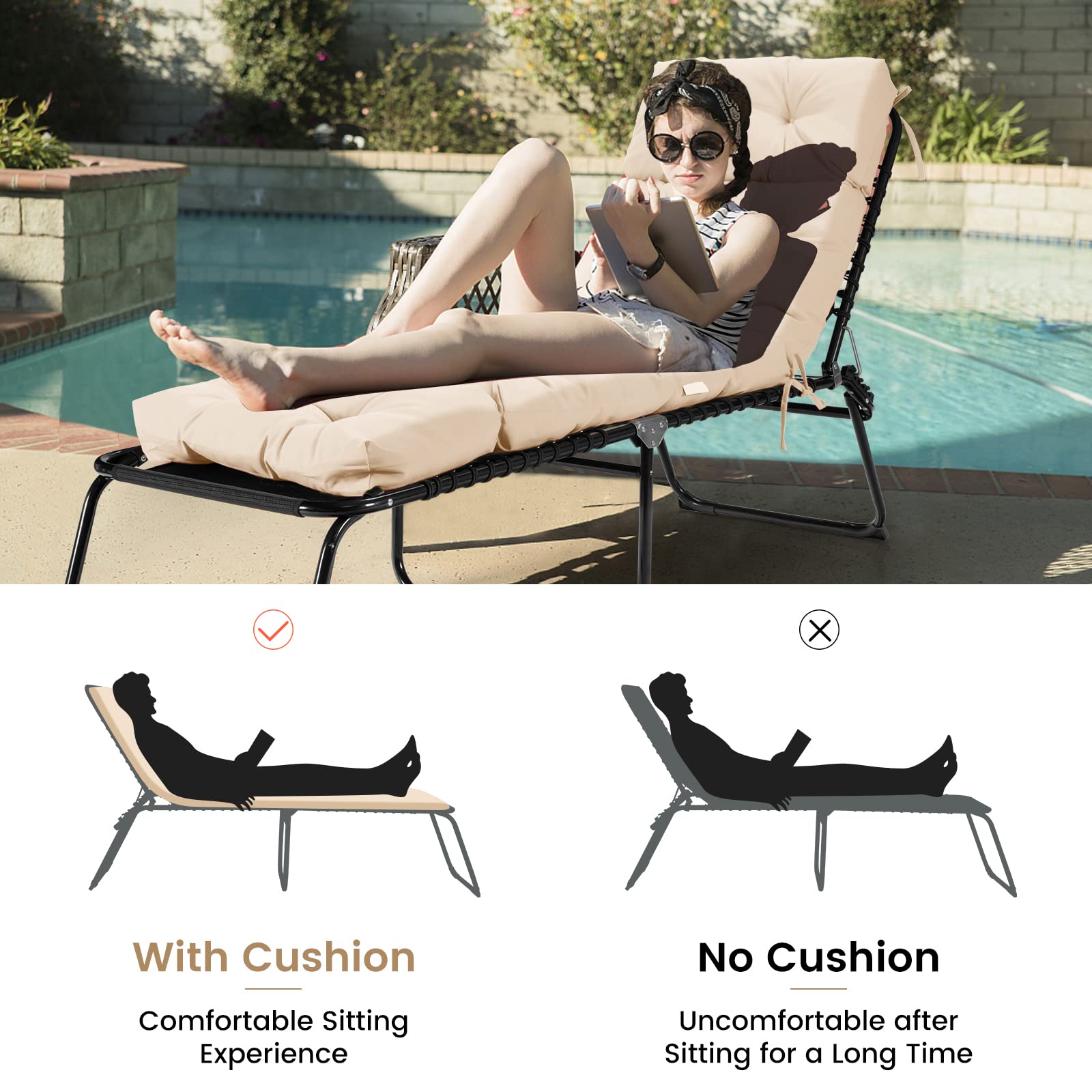 Chair, 72    X 22    X Chaise Lounge W/4 String Ties, Thickened, Tufted Patio Recliner For Outdoor Indoor Cushions, 1 Count (Pac