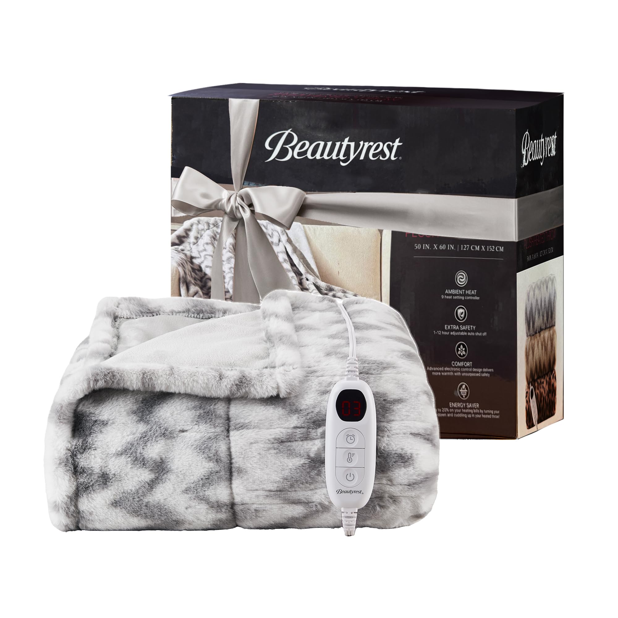 Beautyrest Long Brushed Faux Fur Chevron Pattern Electric Blanket, Auto Shut Off, Virtually Zero EMF, Multi Heat Setting, UL Cer