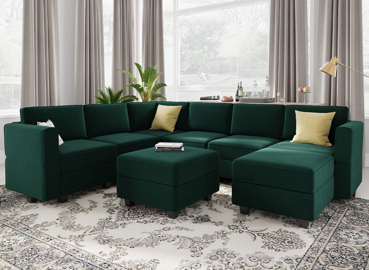 Belffin Modular Sectional Sofa With Storage Seat Oversized U Shaped Couch With Reversible Chaise Velvet Sofa Set With Ottoman Green