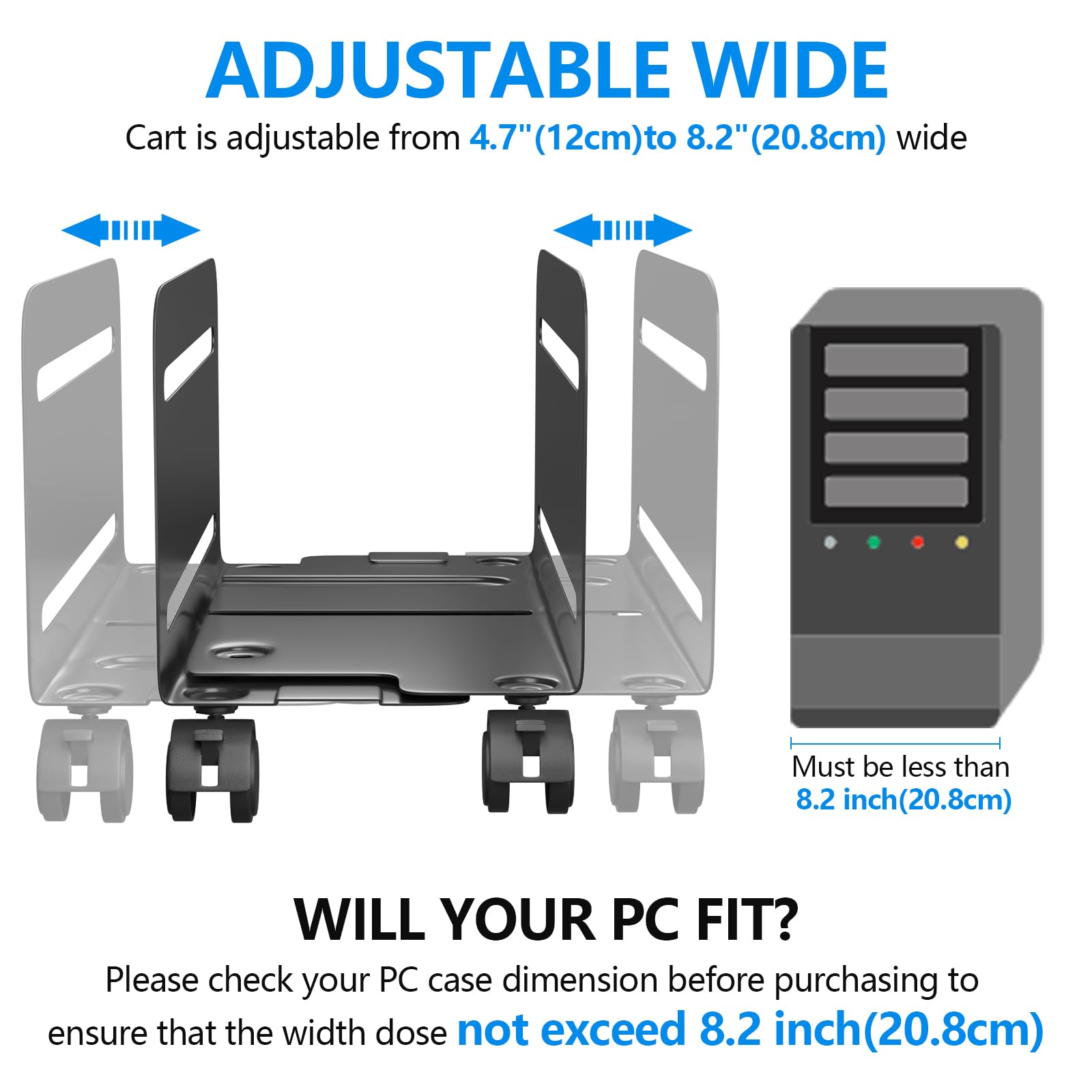 Agptek Cpu Stand, Computer Tower Stand Adjustable Width From 4.7' To 8.2' With 2 Locking Wheels And 2 Caster Wheels, Upc Steel Rolling Stand Computer Stand For Desktop Tower (Black)