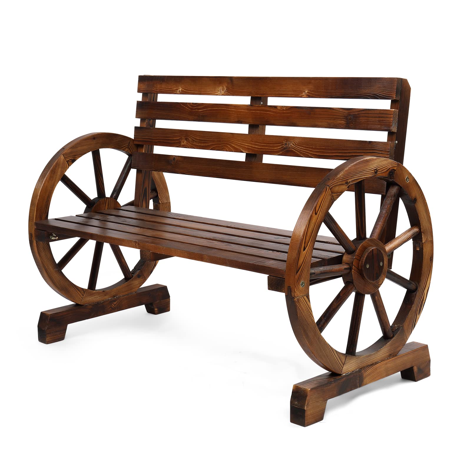 Vingli Rustic Wooden Wheel Bench, 41' 2-Person Wagon Slatted Seat, Outdoor Patio Furniture, 350Lbs High Capacity, Weather Resistance