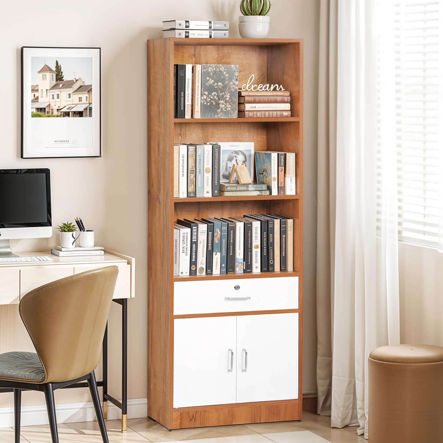 About Space 6 Ft Book Shelf  Wooden Book Rack With 3 Open Shelves 1 Lockable Drawer & 1 Closed Cabinet With Magnetic Door Easy 