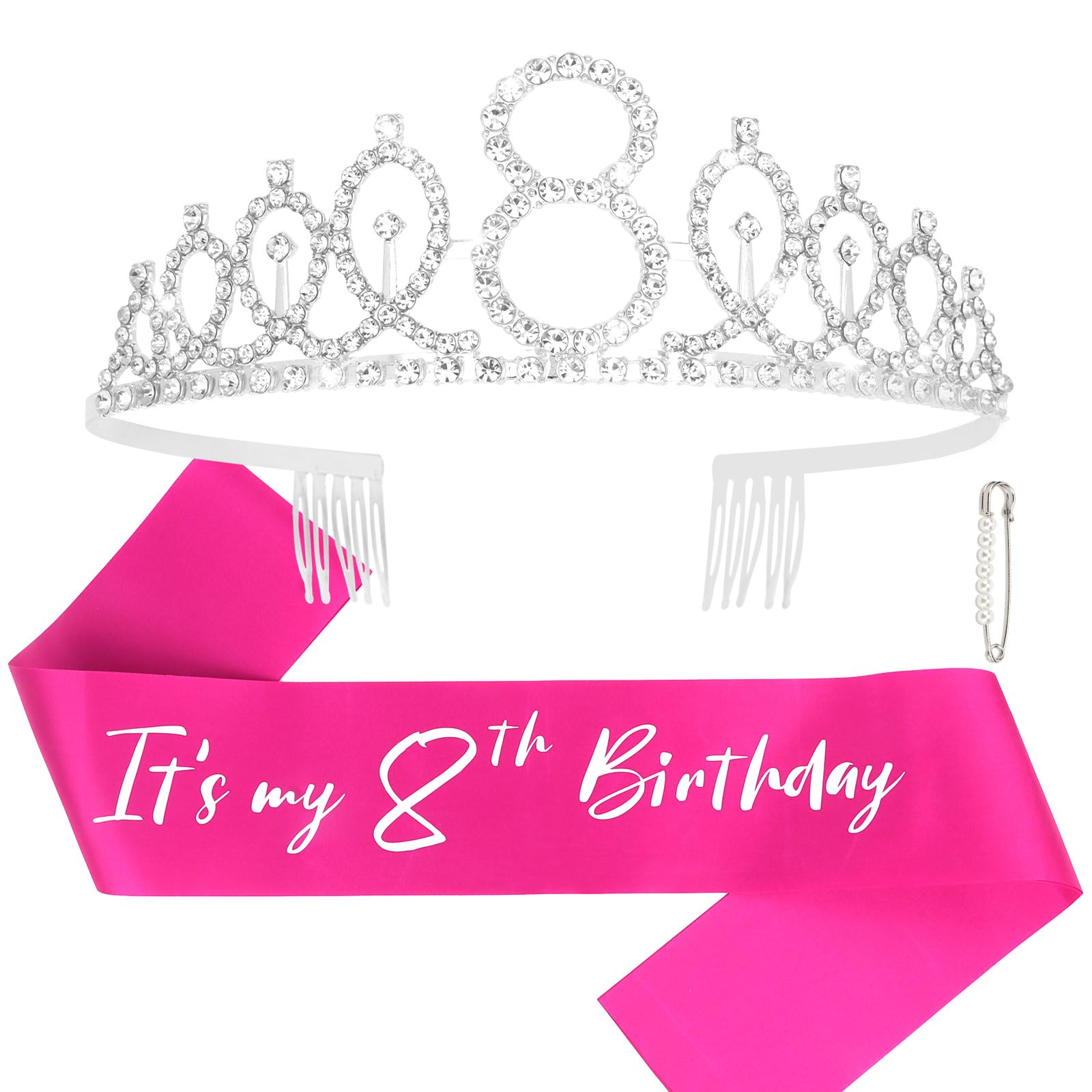 CAVETEE Silver 8th Birthday Sash and Crown for Girls 8th Birthday Tiara and Sash Set Silver Happy Birthday Decorations for 8th B