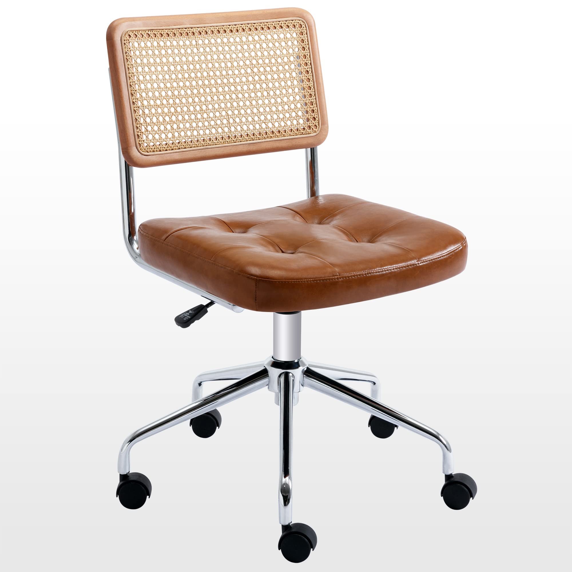 Zesthouse Mid Century Home Office Chair Leather Desk Chair with Rattan Back, Vanity Chair for Girls Women, Upholstered Swivel Ch