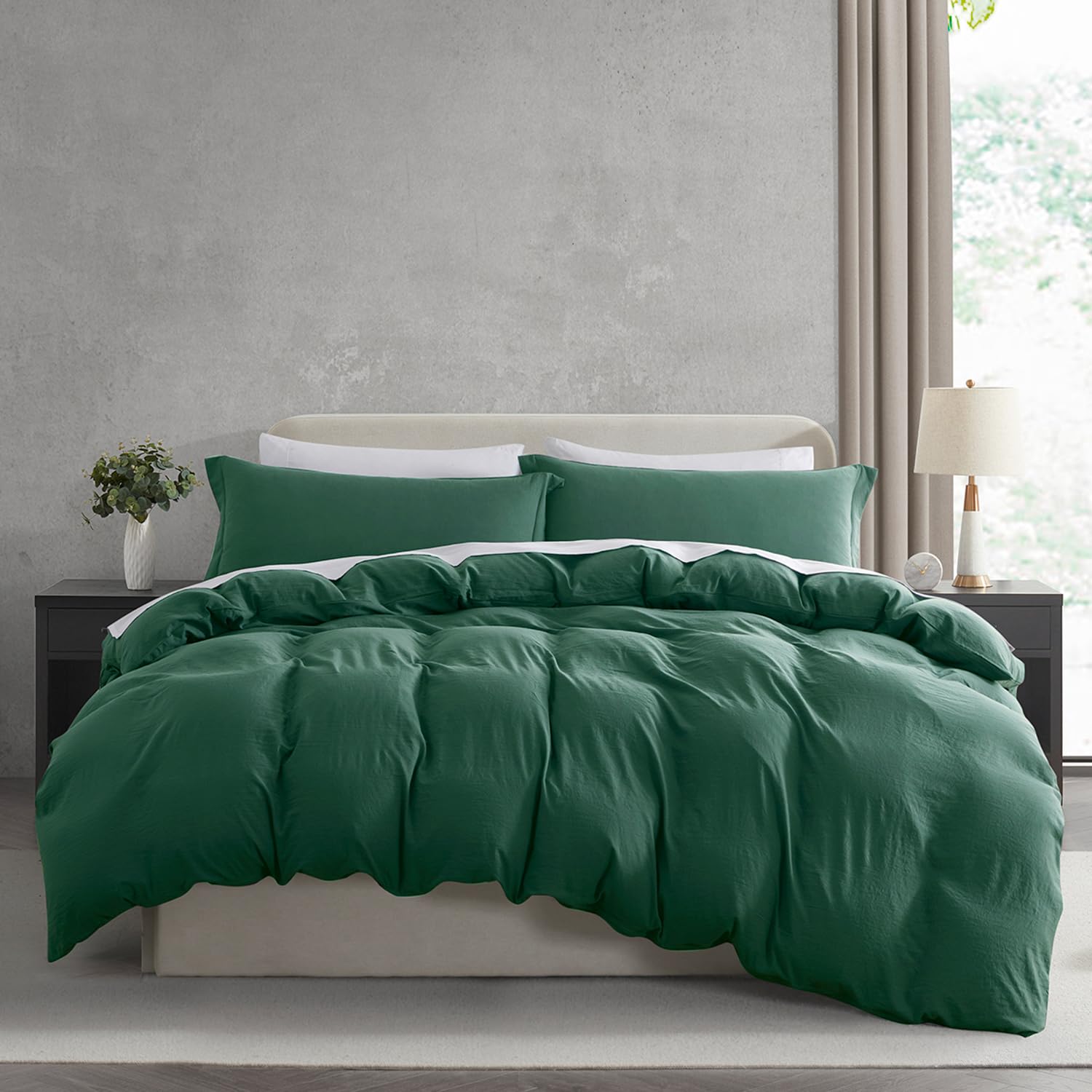 Nestl Dark Green Duvet Cover Queen Size - Soft Prewashed Queen Duvet Cover Set, 3 Piece, With Zipper Closure, 1 Duvet Cover 90X90 Inches And 2 Pillow Shams - No Comforter