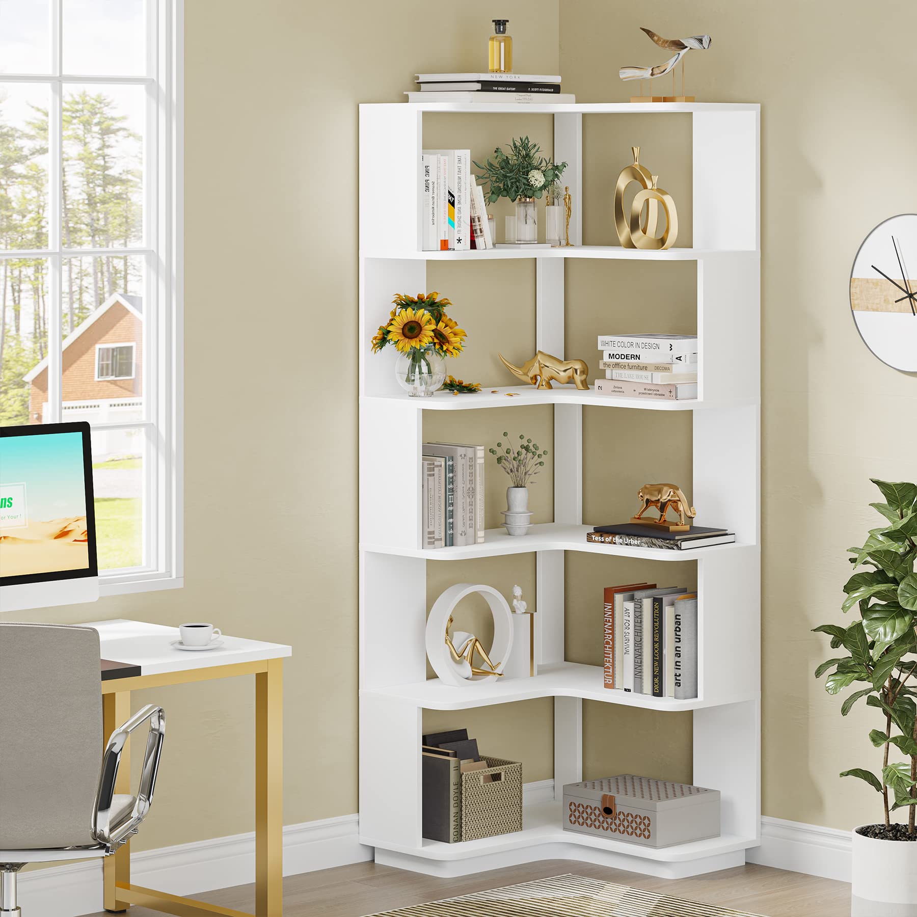 LITTLE TREE Corner Bookshelf, 64.9 Inch Tall Bookcase with Anti-Drop Panel, Modern Freestanding Corner Shelf Display Rack Storag