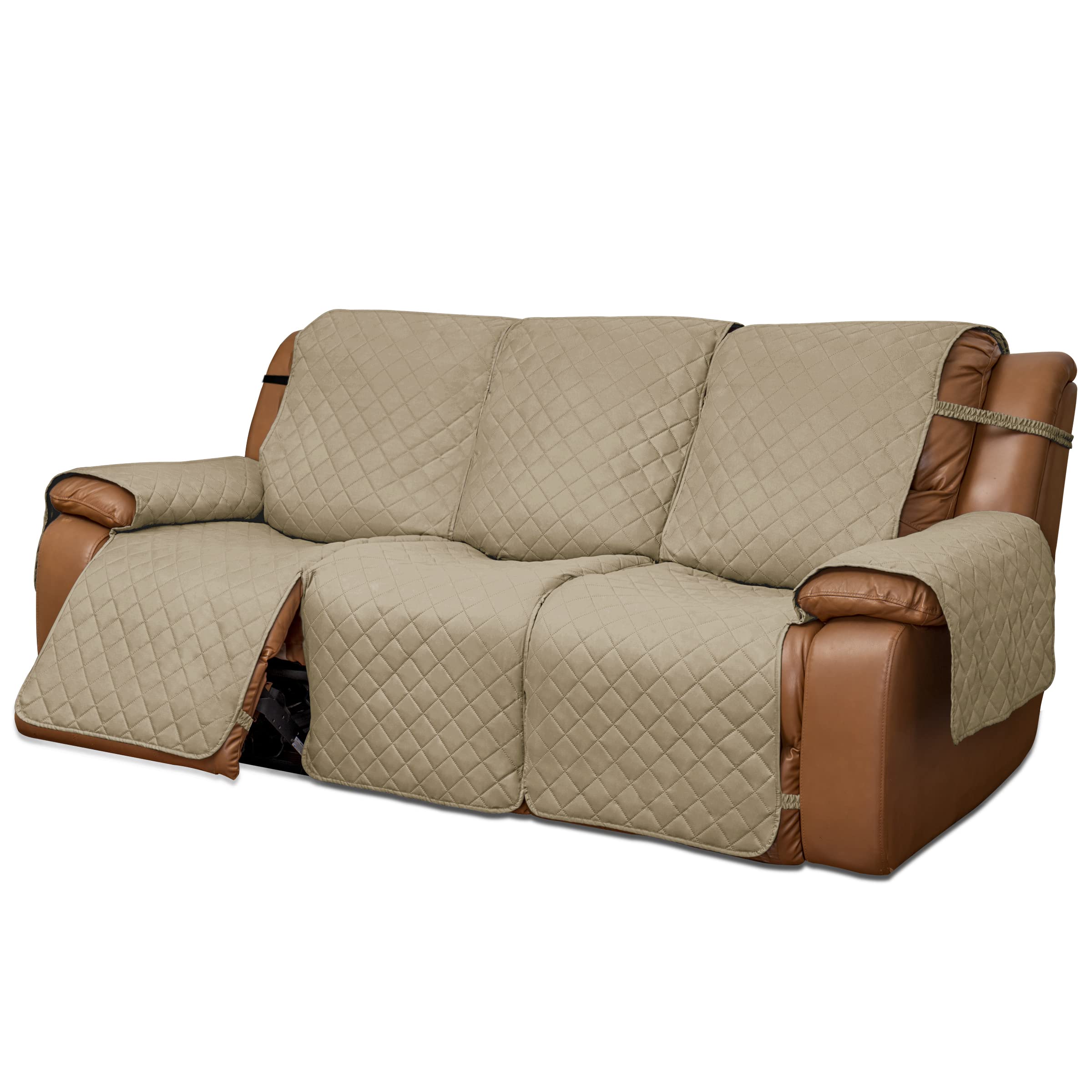 Easy-Going Oversized Recliner Sofa Cover, Reversible Couch Cover For 3 Seat Recliner, Split Sofa Cover For Each Seat With Elastic Straps For Kids, Dogs, Pets (3 Seater, Beige/Beige)