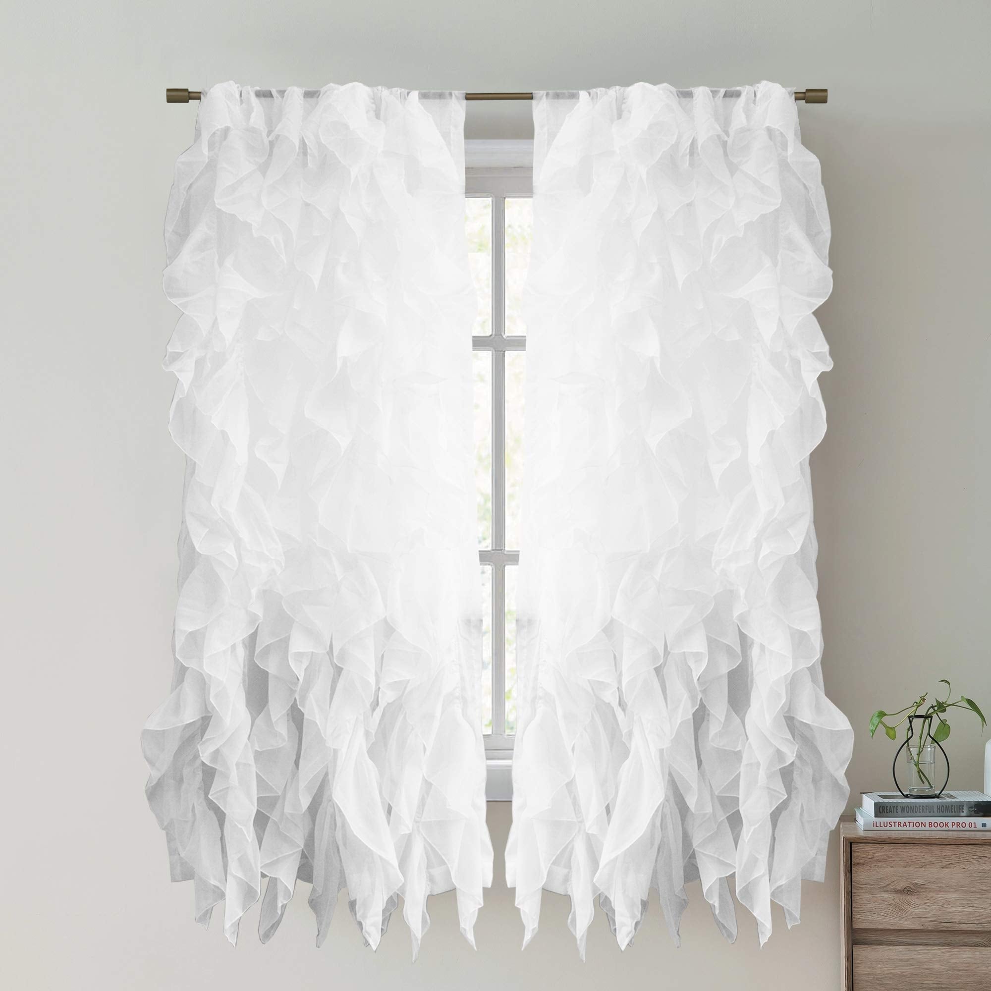 Sweet Home Collection SHRPNL-63-WHT-2PK Sheer Voile Vertical Ruffled Window Curtain Panel 50 X 63, White, 63 x 50
