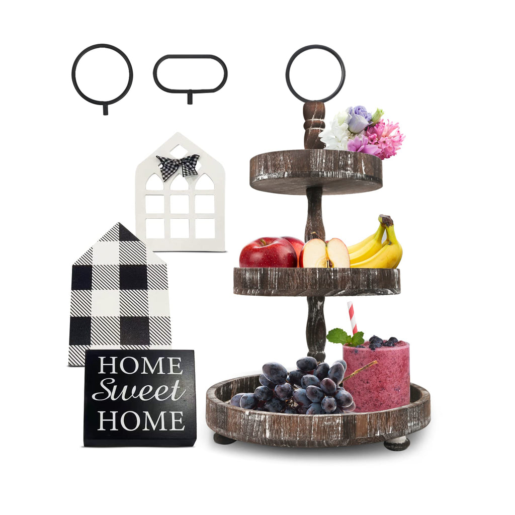 AONEHOME Adjustable 3 Tiered Tray Stand with Farmhouse Decor, Brown Tiered Tray Decorative Trays - 3 Tier Cupcake Stand - 3 Tier