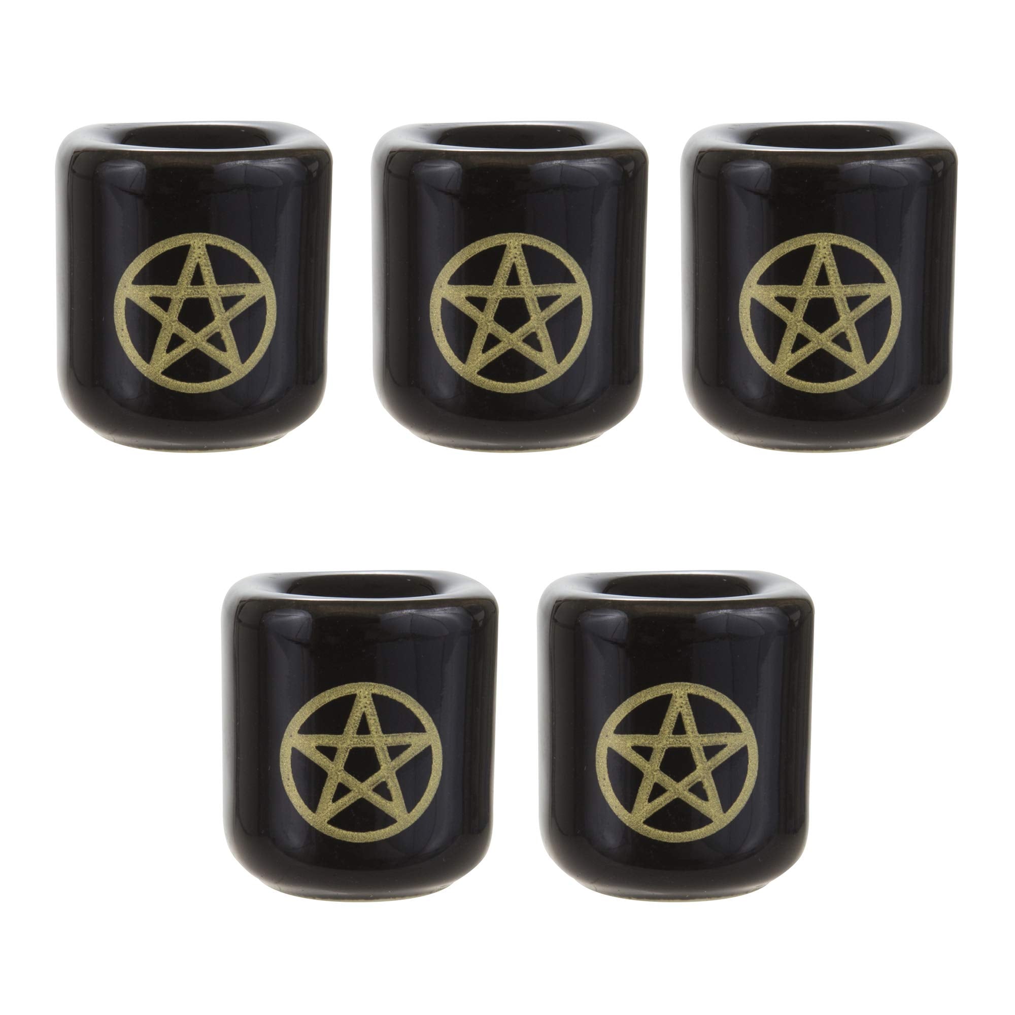 Mega Candles - 5 pcs Ceramic Gold Pentacle Chime Ritual Spell Candle Holder - Black