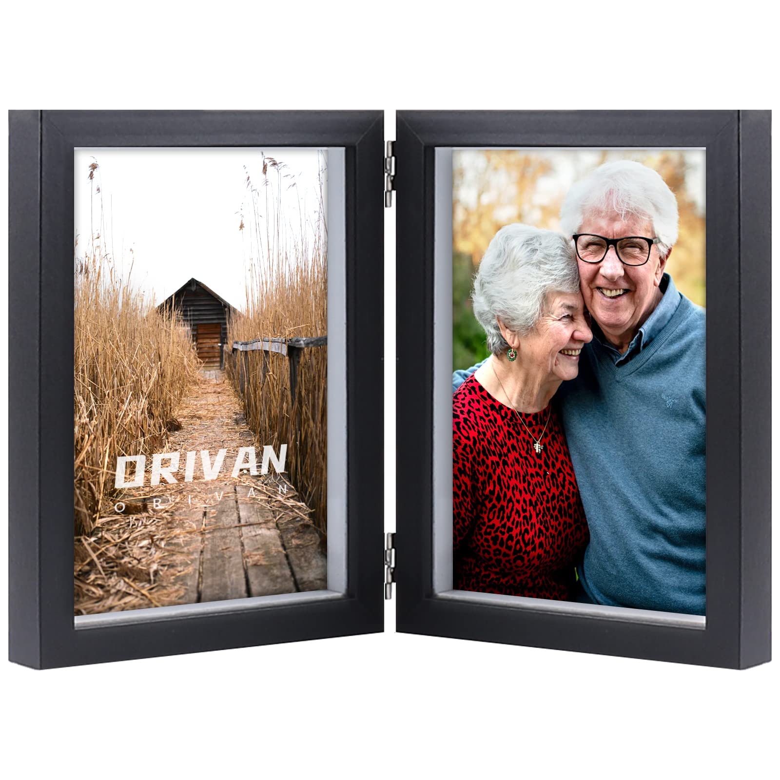ORIVAN Double 5x7 Picture Frame Hinged Frame Vertical MDF Wood Photo Frames with Glass Front (Black)
