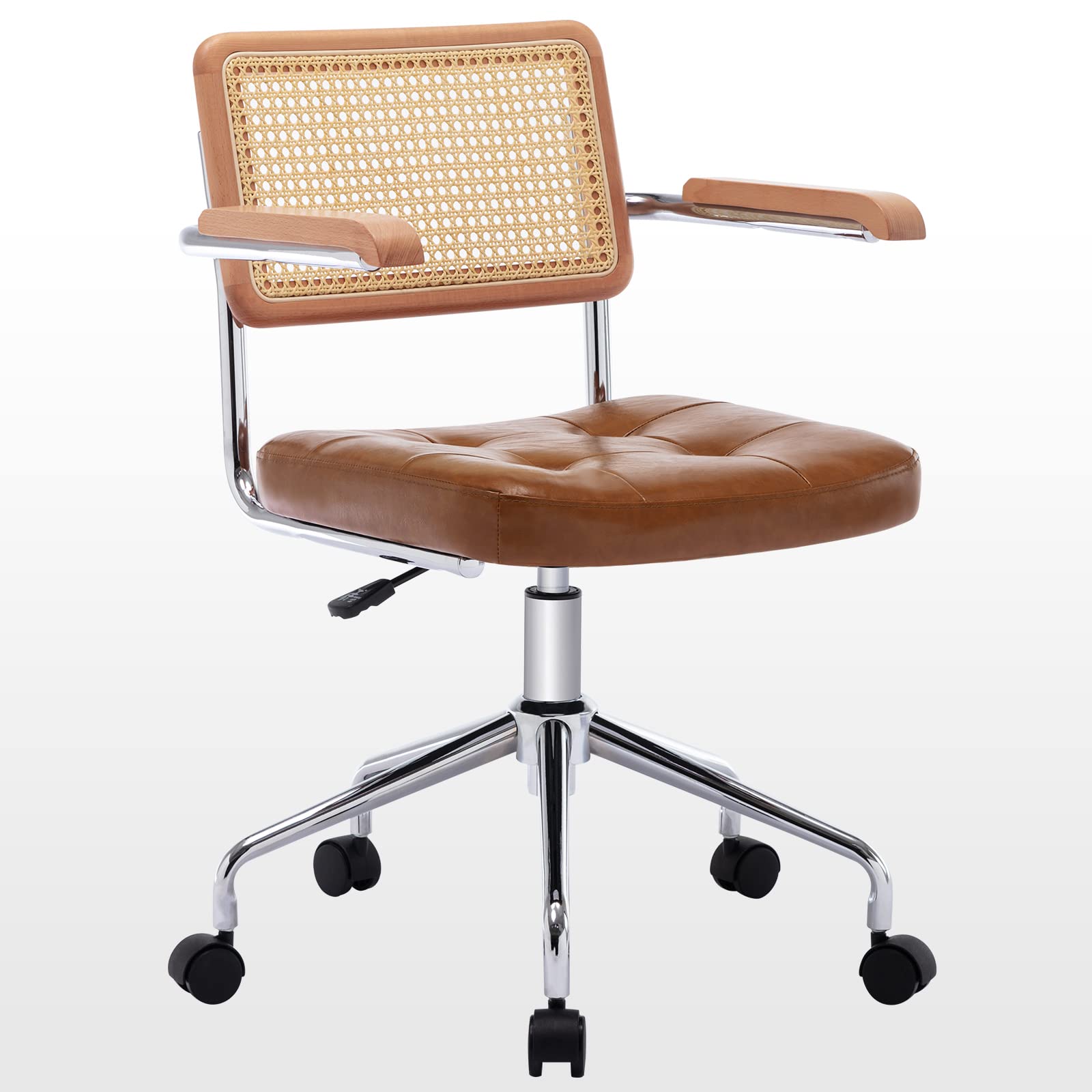 Zesthouse Modern Home Office Chair Leather Desk Chair with Natural Rattan Back, Vanity Chair for Girls Women, Upholstered Tufted