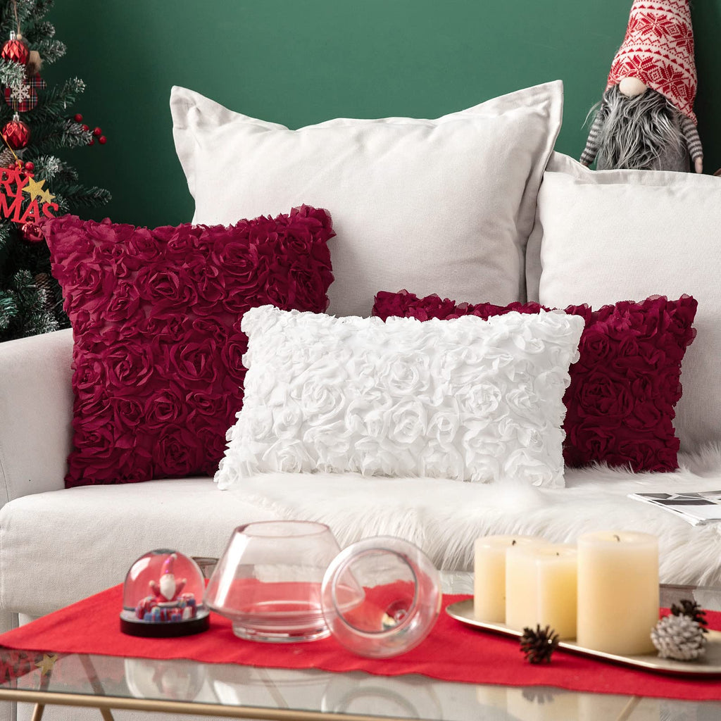 Miulee Christmas 3D Decorative Romantic Stereo Chiffon Rose Flower Throw Pillow Cover Solid Square Pillowcase For Valentines Day