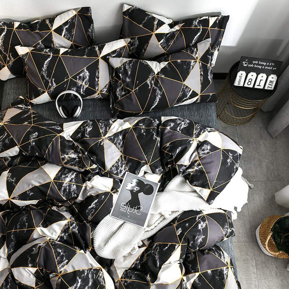 Clothknow Black Marble Comforter Sets California King Triangle Geometric Bedding Comforter Sets Cal King Bedding Black Grey White Bed Comforter 3Pcs Black White Comforter Cal King