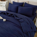 Litanika Full Size Comforter Sets Navy Blue - 7 Pieces Bed In A Bag Full Beddding Comforter Sets, Solid Lightweight Bed Set With