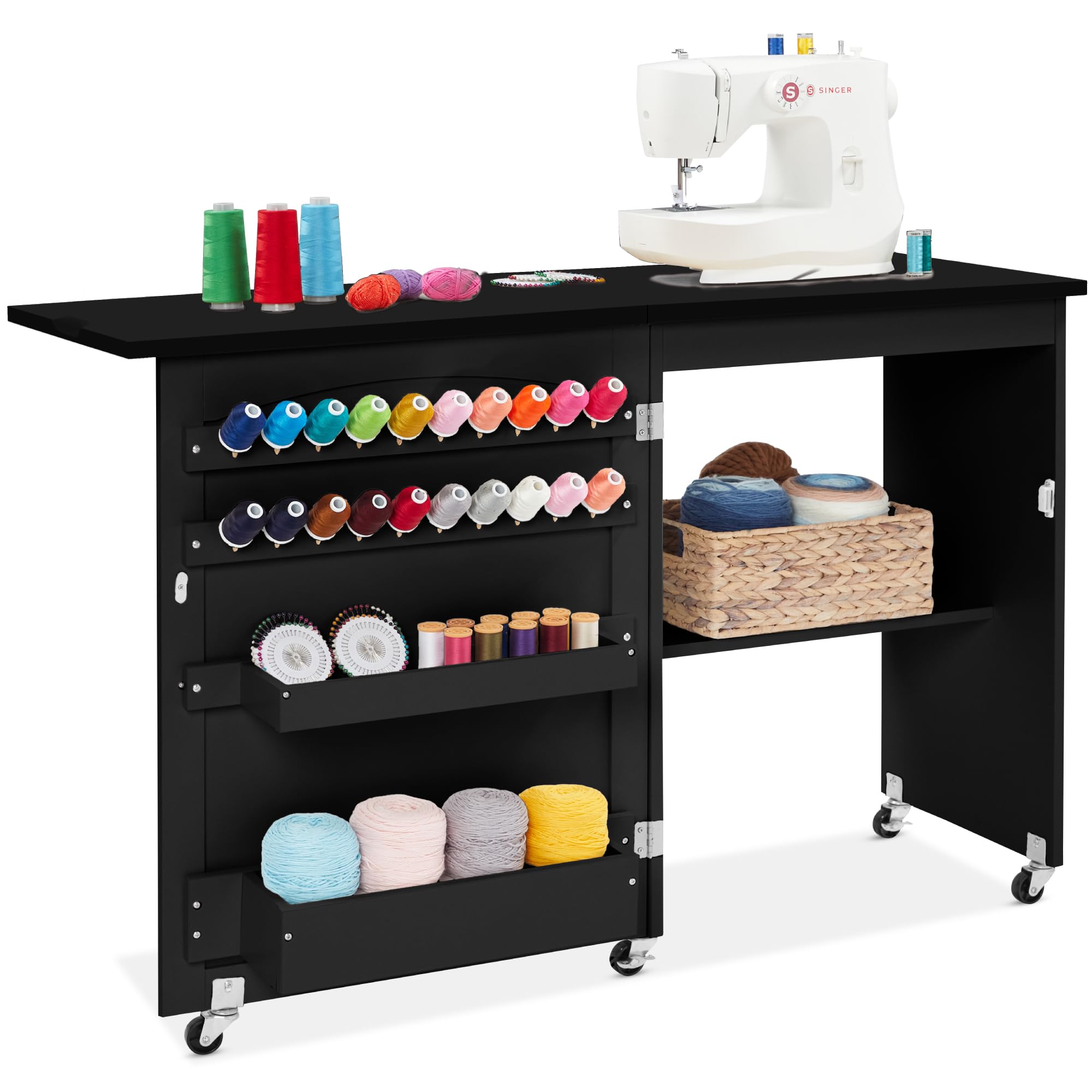 Best Choice Products Folding Sewing Table Multipurpose Craft Station & Side Desk with Compact Design, Wheels, Shelves, Storage T