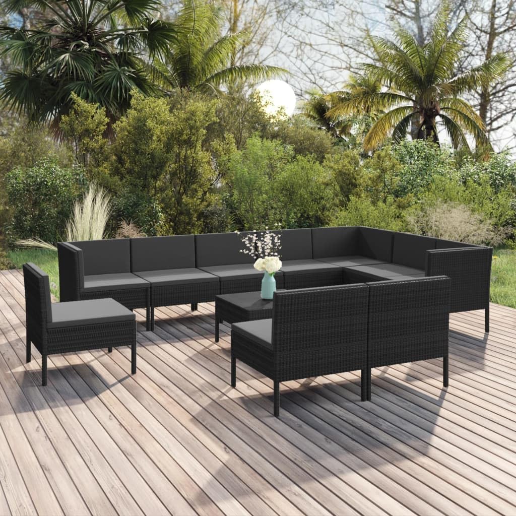 vidaXL Patio Lounge Set 11 Piece with Cushions Outdoor Garden Terrace Wooden Sofa Seating Seat Lounging Set Furniture Poly Rattan Black