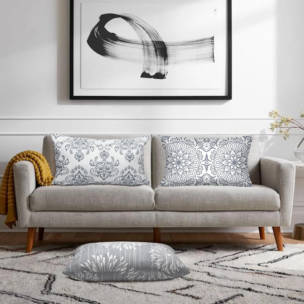 Coliuso Decorative Lumbar Pillow Covers 12X20 Set Of 4, Grey And White Modern Simple Square Pillow Case Cushion Cover For Sofa C
