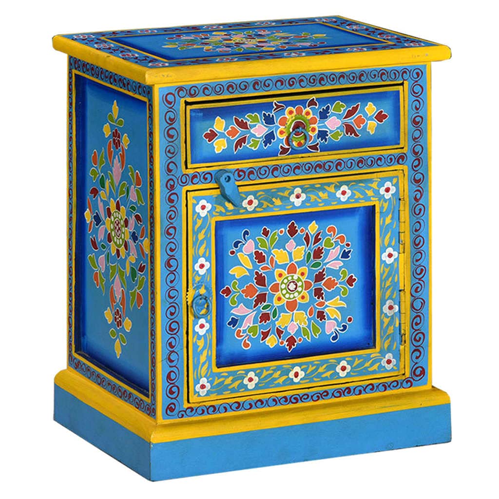 Vidaxl Handmade Solid Mango Wood Bedside Cabinet With Handpainted Turquoise Details  Retrostyle Nightstand With Drawer And Ca