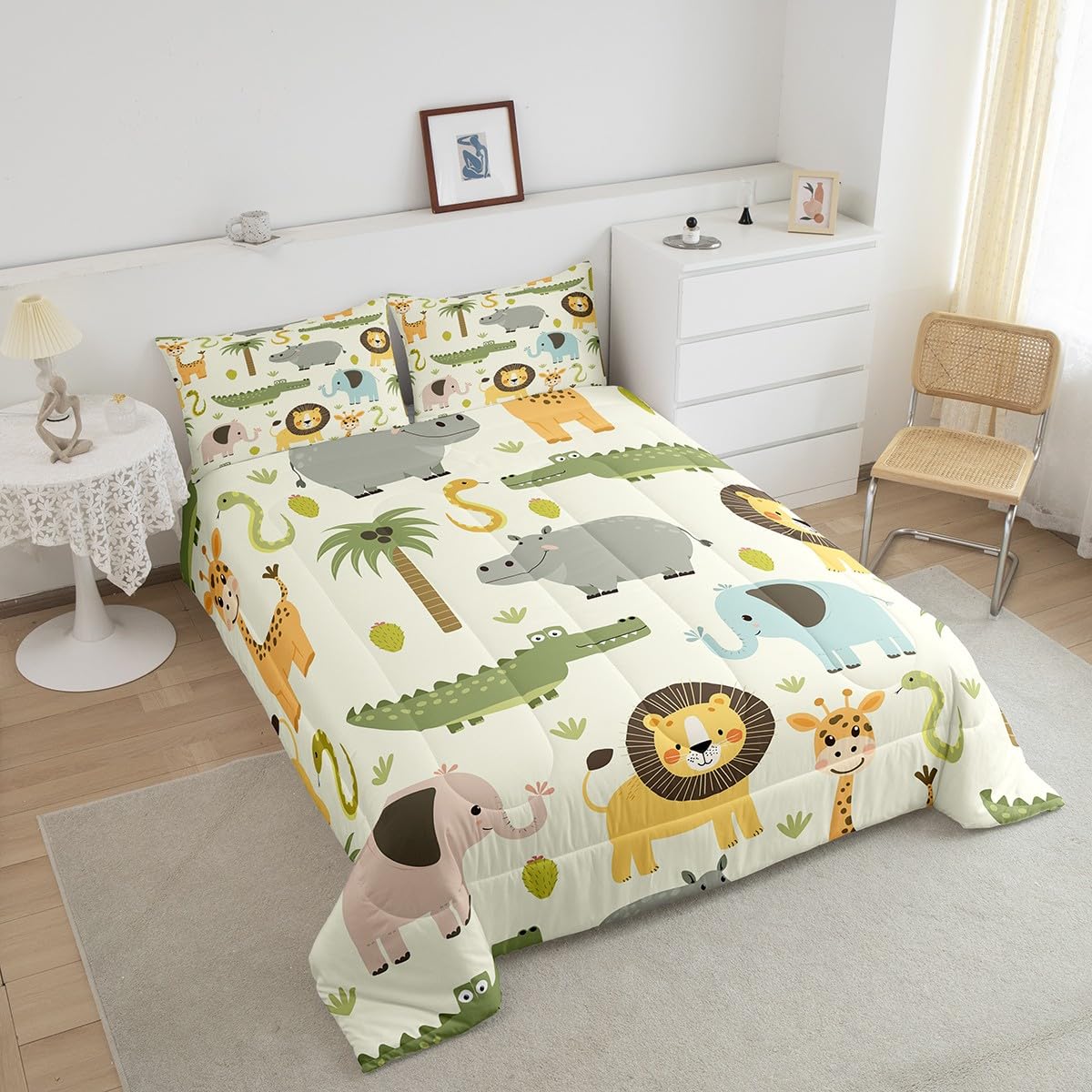 Nursery Cute Wild Animals Bedding Set For Girls Boys Child Kids Cartoon Lion Giraffe Crocodile Comforter Decor Nature Wildlife Comforter Set Zoo Animal Theme Duvet Set Full Size Quilt Set