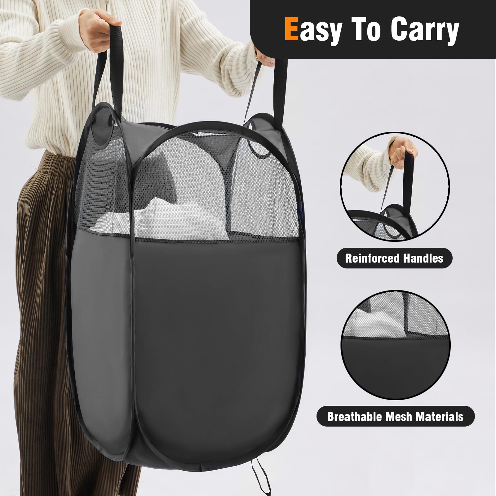 Techmilly Pop Up Foldable Laundry Basket, Mesh Laundry Hamper With Reinforced Handles For Dirty Clothes Storage In Dorm, Laundry