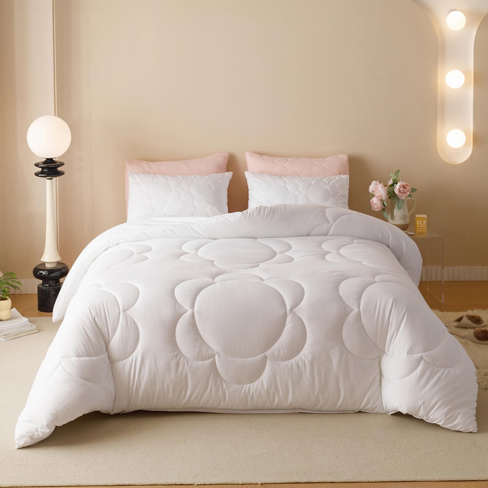 Luxlovery White Sunflower Comforter Set Queen Plain White Boho Farmhouse Quilts Floral White Bedding Comforter Set Soft Breathab