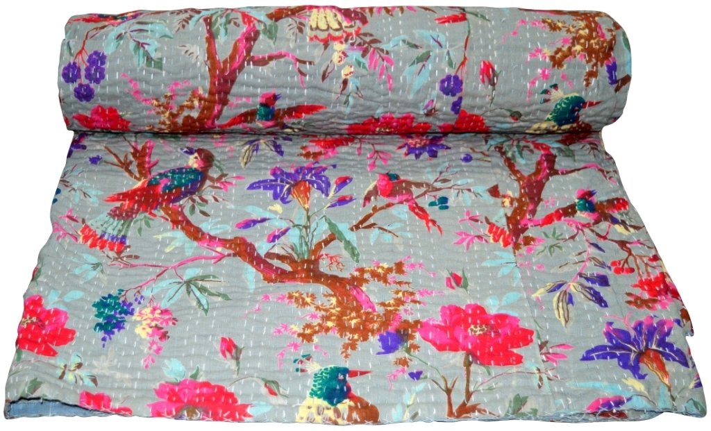V Vedant Designs Indian Bird Print Handmade Cotton Kantha Quilt Twin Bedspreads Kantha Throw Bedding Balnket Quilt (90x60 Inch)