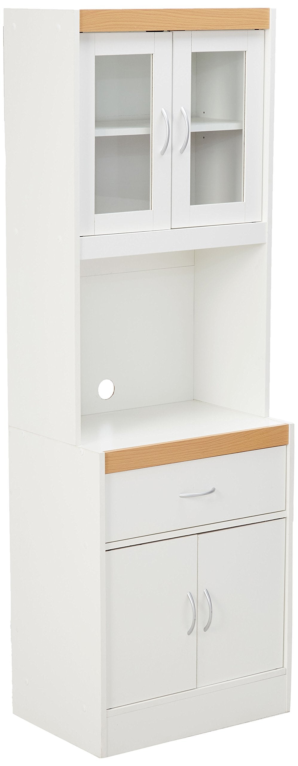 Hodedah Long Standing Kitchen Cabinet with Top and Bottom Enclosed Cabinet Space, One Drawer, Large Open Space for Microwave, Wh