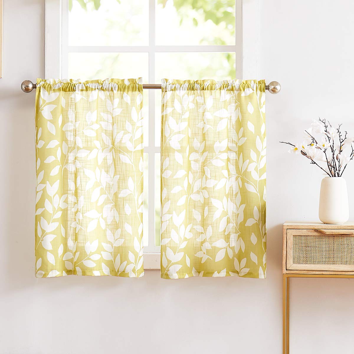 Treatmentex Leaf Print Kitchen Curtains 36 Short Tier Curtain Set for Bathroom Windows Mustard Yellow White 2 Panels