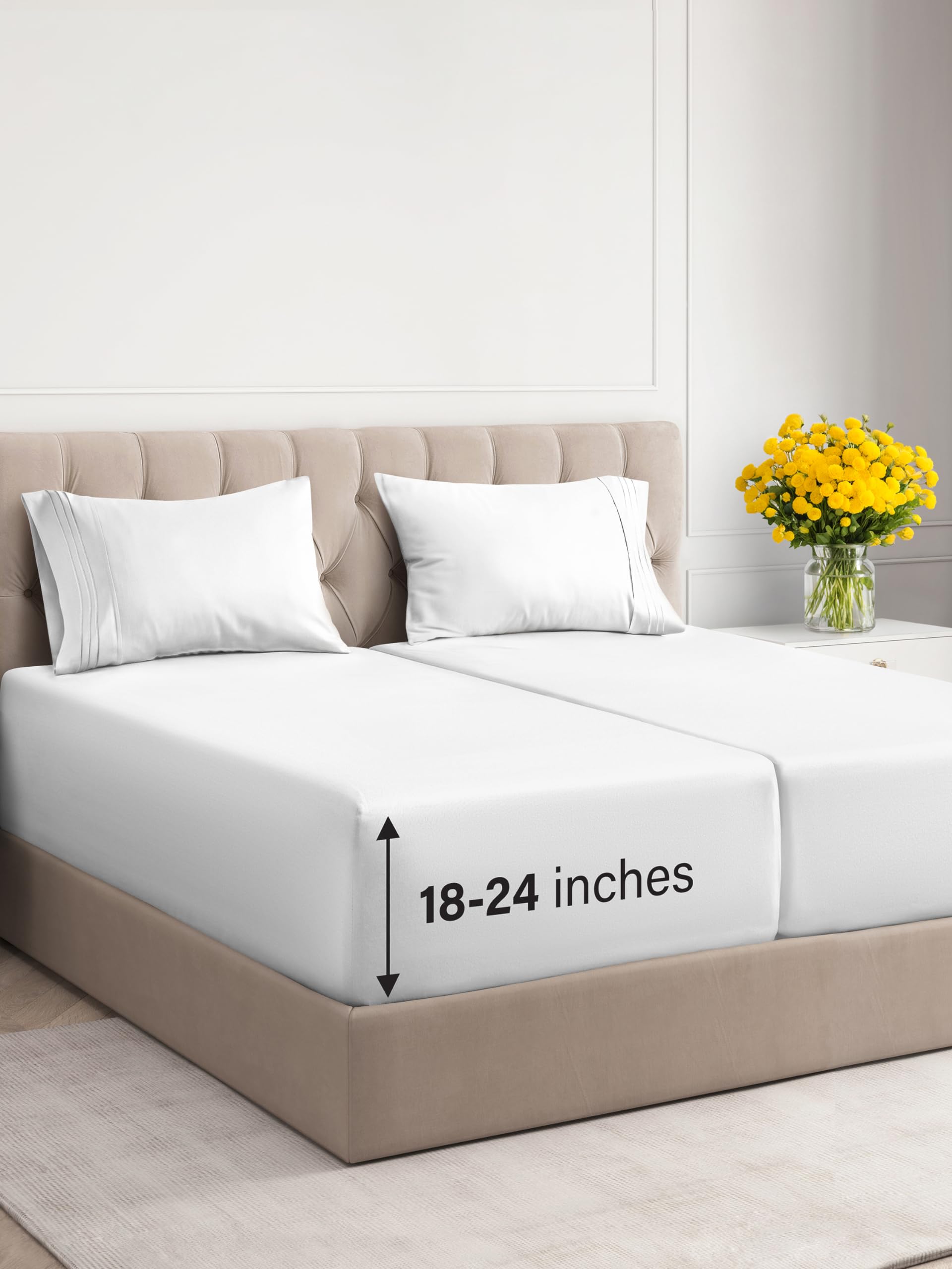 Extra Deep Pocket Split King Sheets - 5 Piece Breathable & Cooling Bed Sheets - Hotel Luxury Bed Sheet Set - Soft, Wrinkle Free & Comfy - Easily Fits Extra Deep Mattresses - Deep Pocket White Sheets