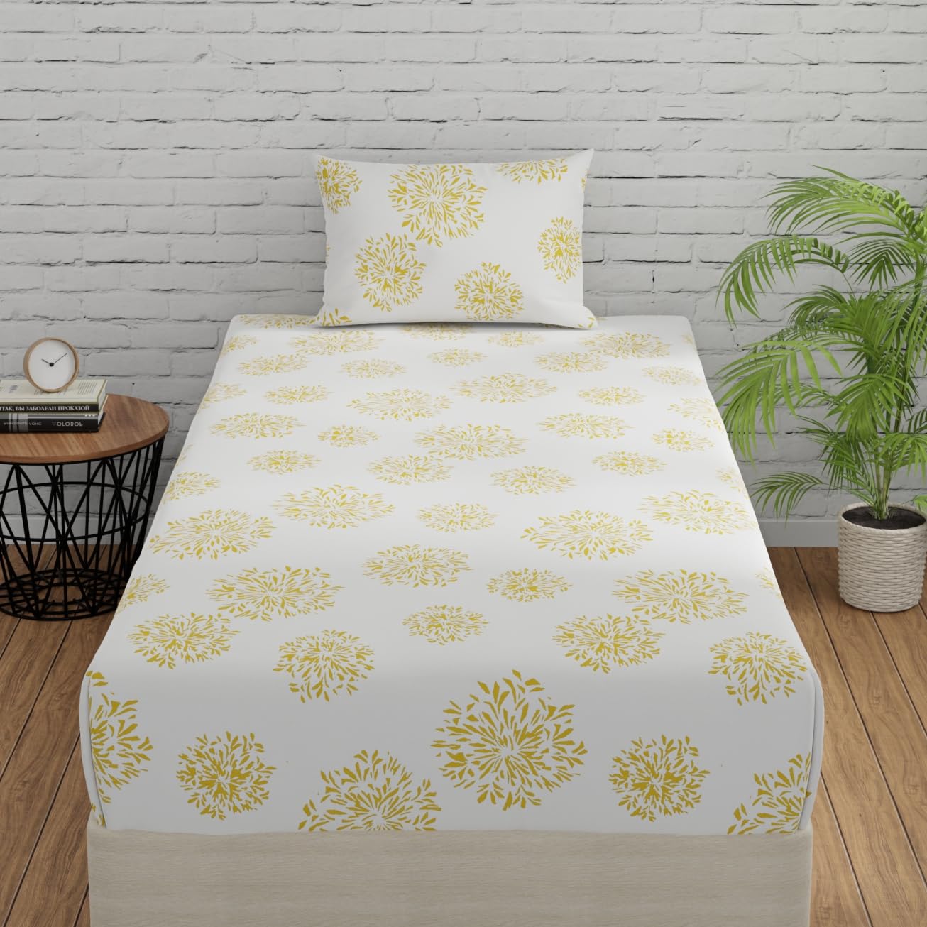 Huesland By Ahmedabad Cotton 144 Tc Bed Sheet Single Bed Cotton With Pillow Cover  White (Yellow Print)
