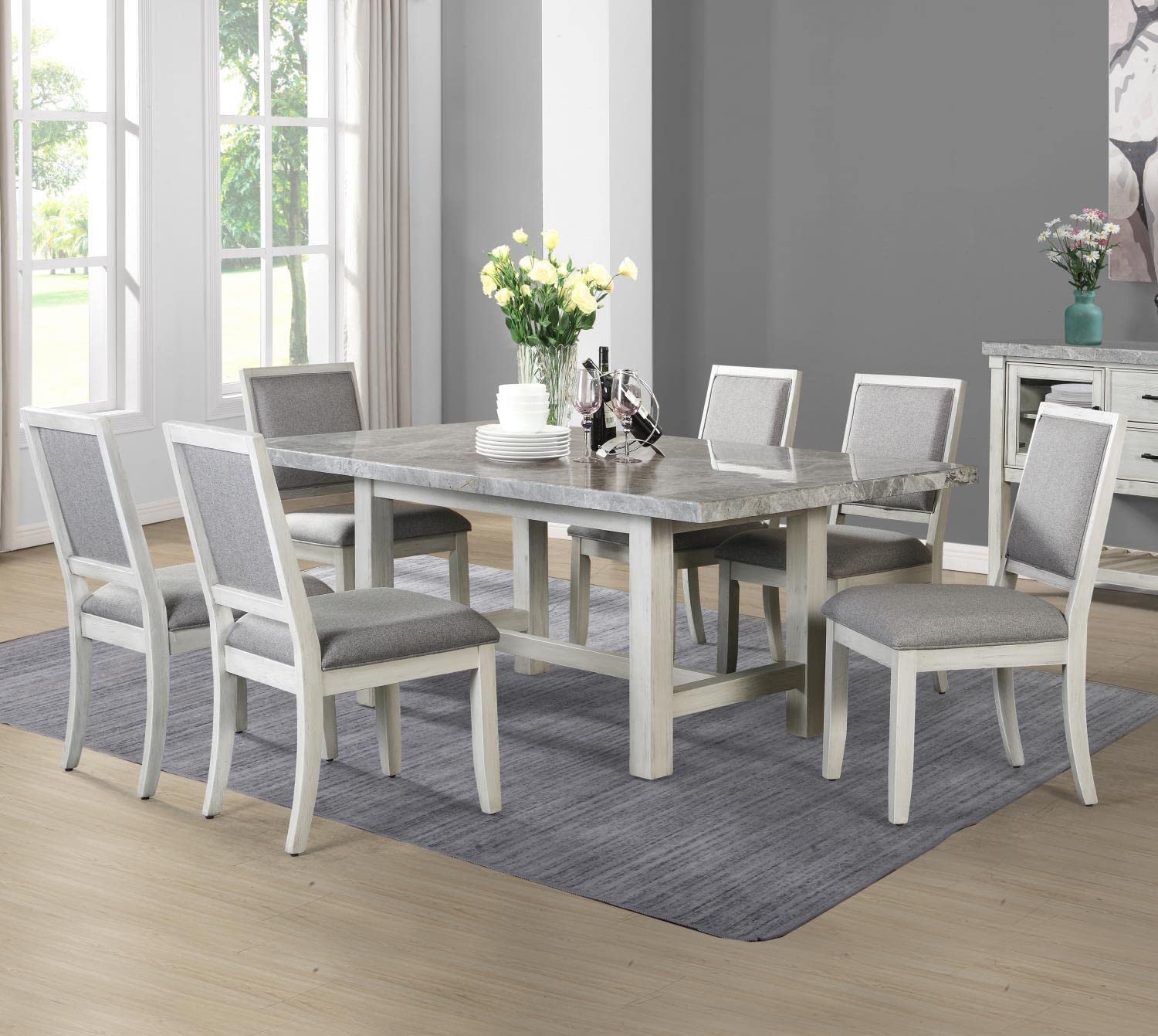 Steve Silver Furniture Canova 7pc Marble Dining Table Set, incl. with 78-Inch Rectangular Marble Dining Table and 6 Gray Velvet Dining Side Chairs, 78" L x 42" W x 30" H, White, Grey