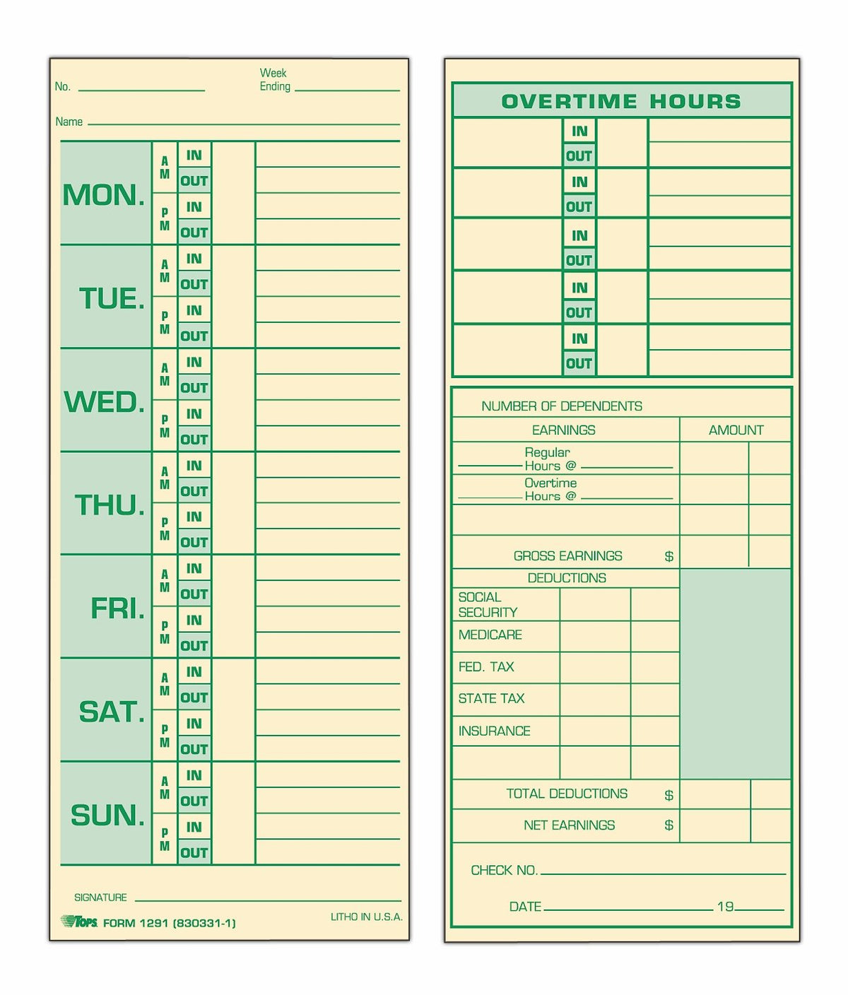 Tops Time Cards, Weekly, 2-Sided, 3-1/2' X 8-1/2', Green Print Front/Back, 500-Count (1291)