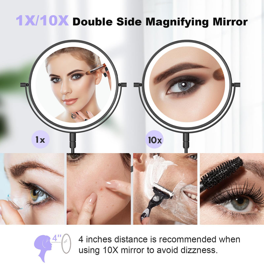 FASCINATE Rechargeable Wall Mounted Makeup Mirror - 8" Double Sided 1X/10X Magnifying, Dimmable Touch Screen, Black, Model FAS_RM381A