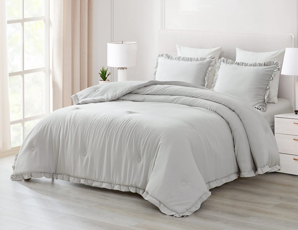 Chezmoi Collection Nora 3-Piece Ruffled Edge Trim Soft Washed Microfiber Comforter Set (Oversized Queen, Light Gray)