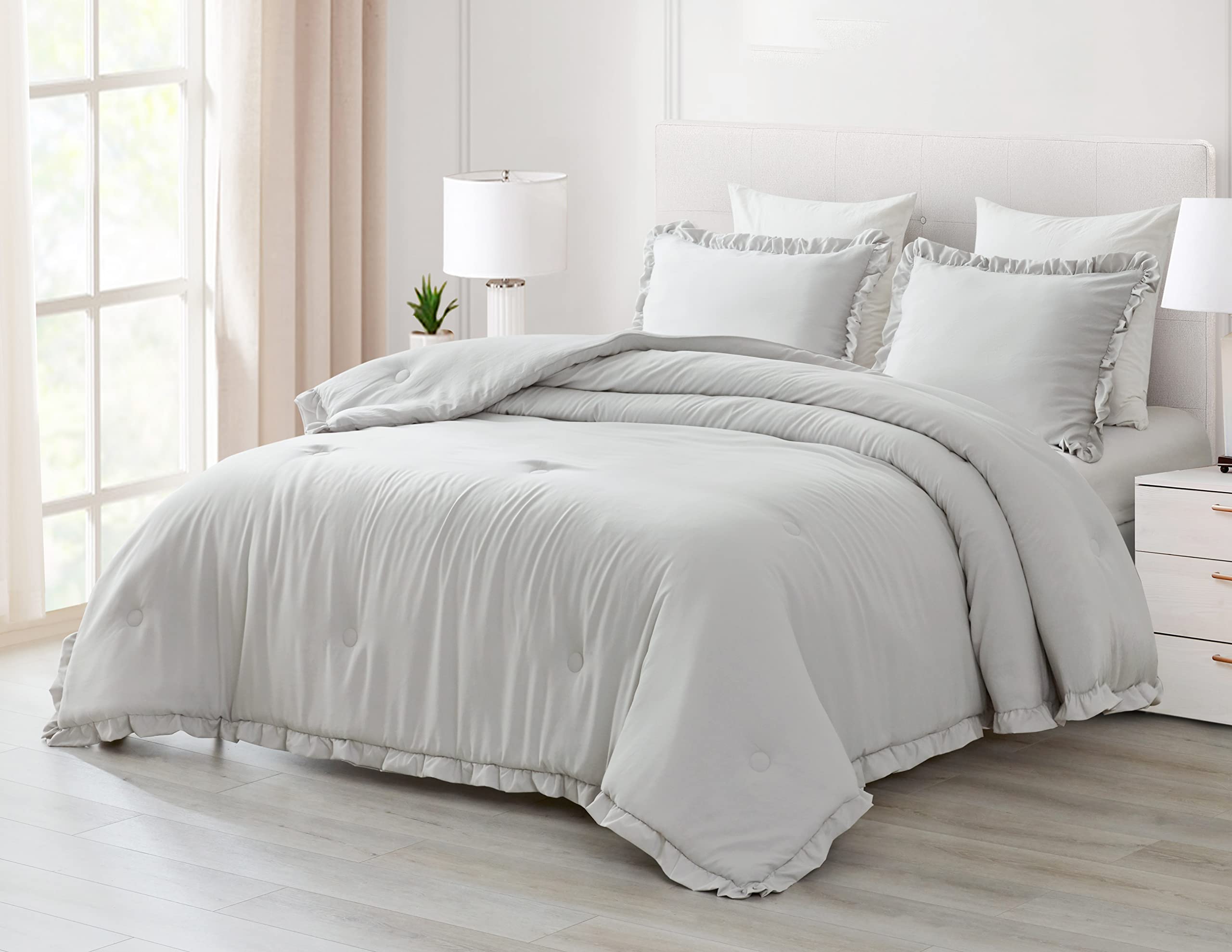 Chezmoi Collection Nora 3-Piece Ruffled Edge Trim Soft Washed Microfiber Comforter Set (Oversized Queen, Light Gray)