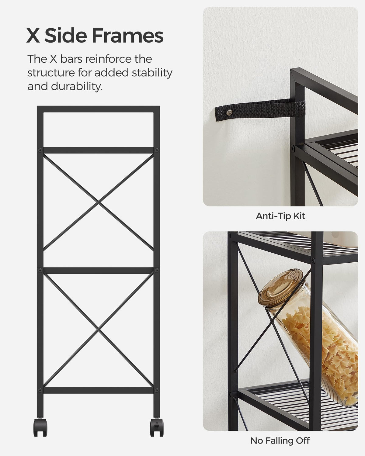 Songmics 3-Tier Metal Storage Rack With Wheels, Mesh Shelving Unit With X Side Frames, 23.6-Inch Width, For Entryway, Kitchen, Living Room, Bathroom, Industrial Style, Black Ubsc163B01