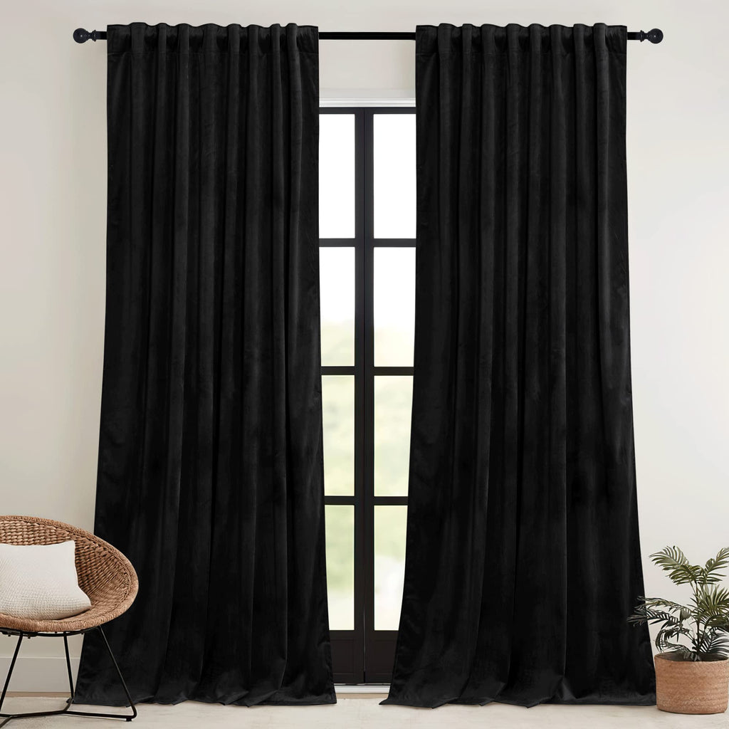 Ryb Home Black Velvet Curtains 108 Inch, Blackout Window Curtains With Pleat Tape On Top For Bedroom Thermal Insulated Privacy Ceiling Drapes For Living Room, W52 X L108 Inch, 2 Panels