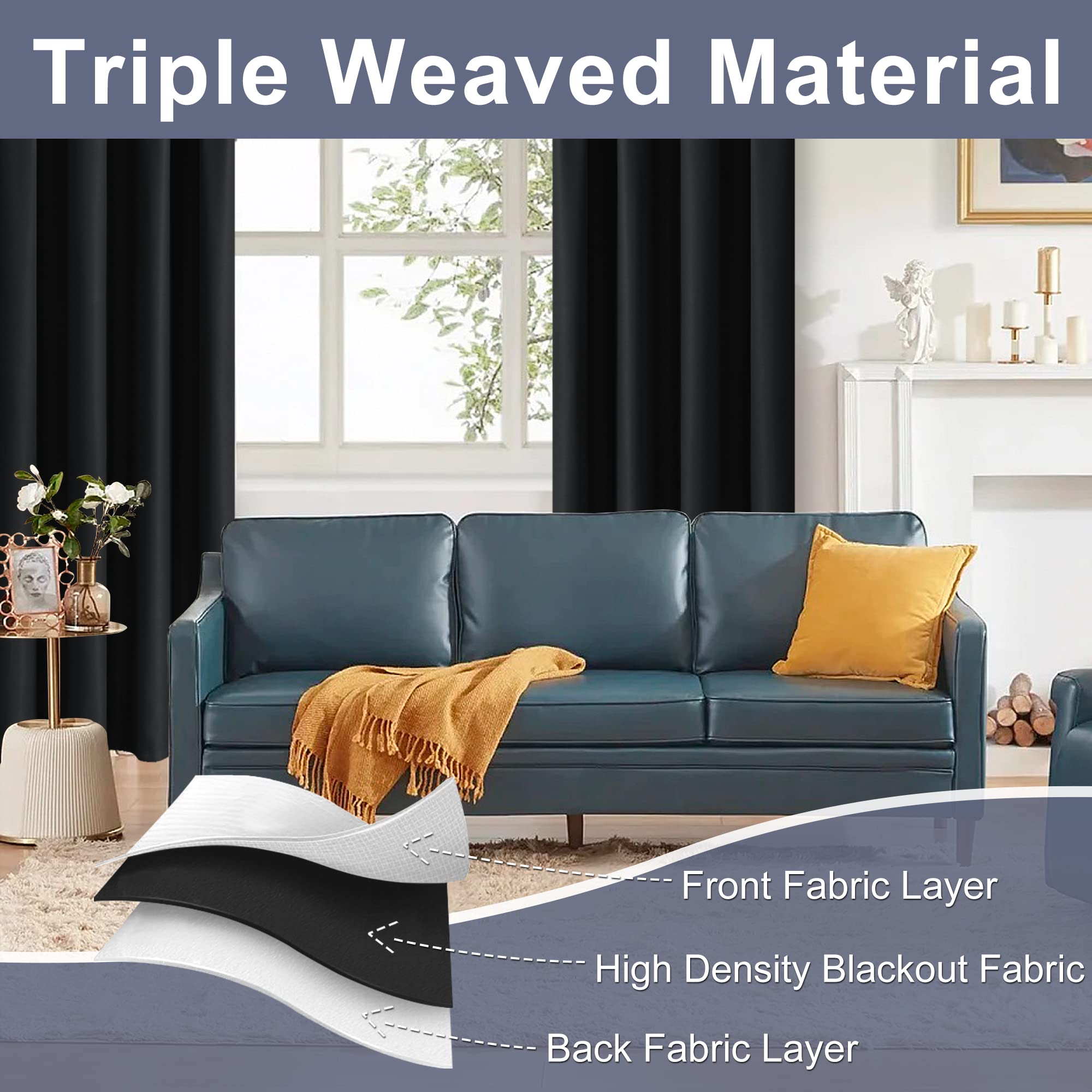 Jiuzhen Blackout Curtains For Bedroom - Thermal Insulated Noise Reducing Privacy Short Curtain For Bathroom Living Room, Set Of 2 Panels With Tiebacks, 42 X 45 Inches Long, Black